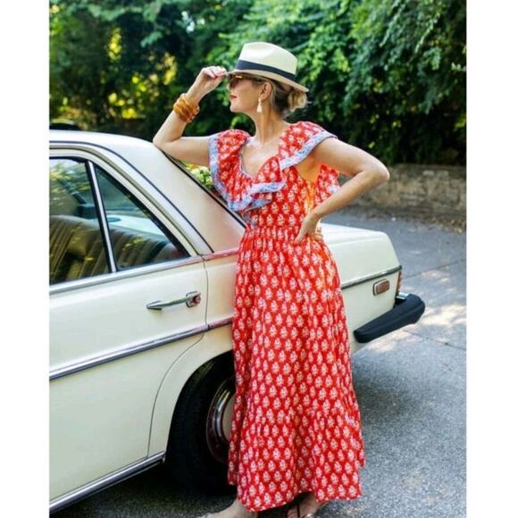 J.Crew Flutter V-neck Maxi in Cerise Cove Red Classic Block Print Dress US 16 - Picture 1 of 12